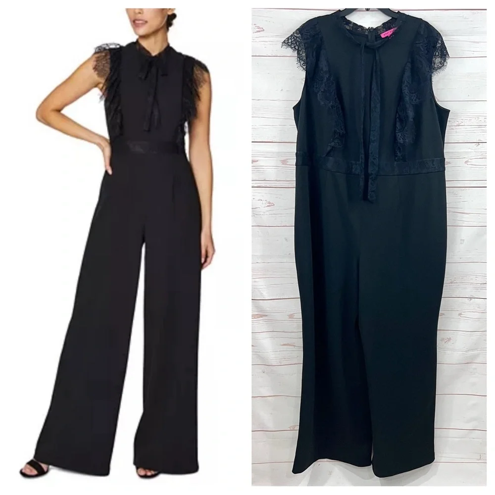 Betsey Johnson Black Lace Bow Tie Flutter Sleeve Wide Leg Sleeveless Jumpsuit